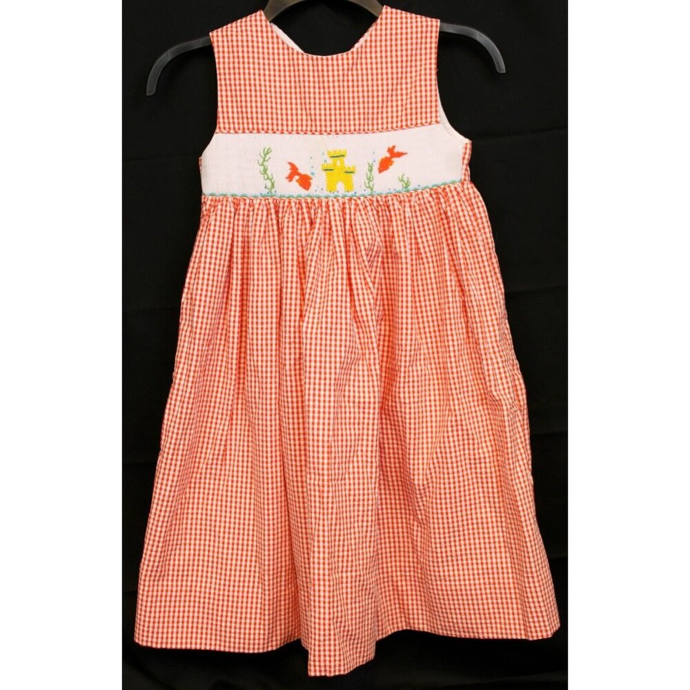 Smocked Frocks Orange Plaid Seersucker Dress sz 6 Goldfish Ocean Beach Castle